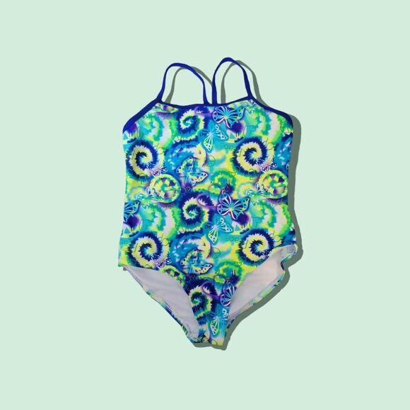 🤑 3 for $20 - Girls OP Tie Die Peace Sign 1 Piece Swim Suit   Size 7/8 - Picture 1 of 2